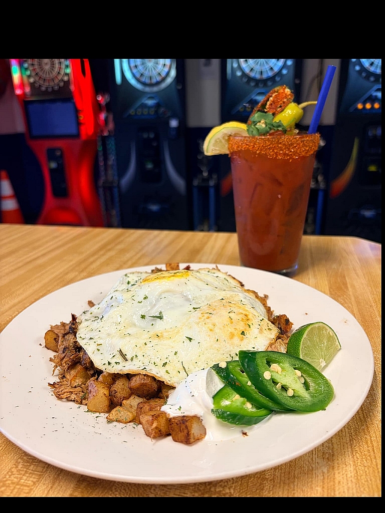 Full breakfast plate with Bloody Mary at Waterfront Tavern Bellingham