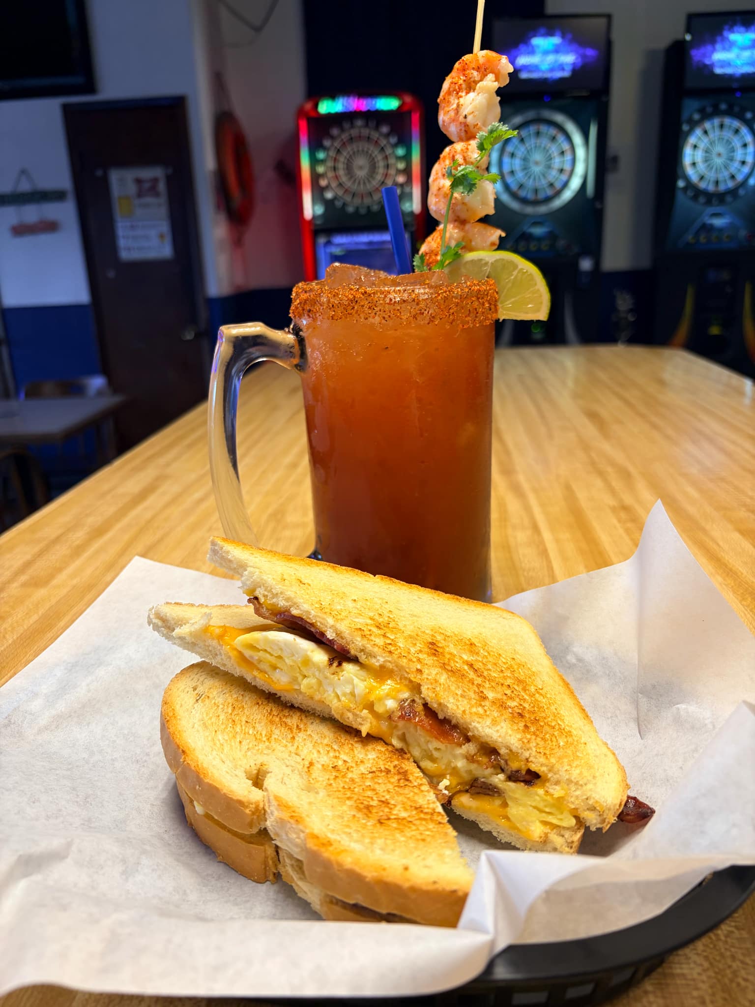 Grilled sandwich with Bloody Mary at waterfront bar Bellingham